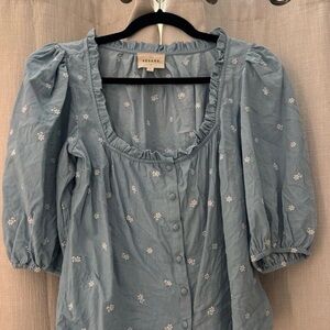 Sezane Powder Blue Puff-Sleeve Embroidered Blouse